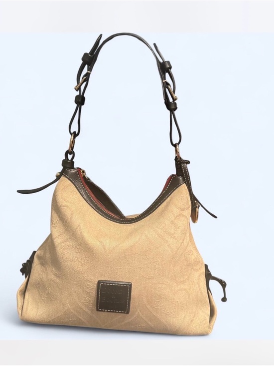 Handbags - Dooney & Bourke Vintage Tan Canvas & Brown Leather Slouchy Hobo Bag